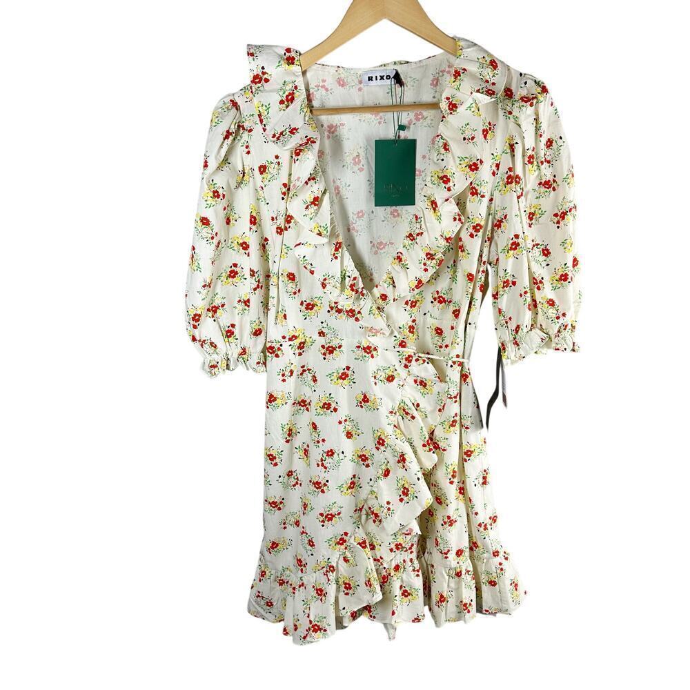 RIXO Nina Garden Ditsy Floral Wrap Ruffle Mini Dress Size Large US 10 UK 14